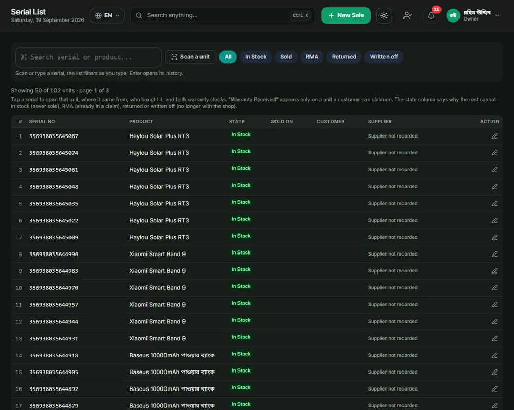Serial / IMEI: Every phone sold by IMEI: who has which one and how much warranty is left.