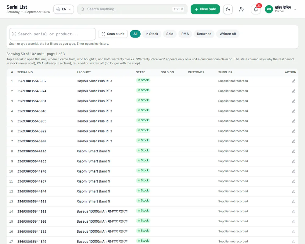 Serial / IMEI: Every phone sold by IMEI: who has which one and how much warranty is left.